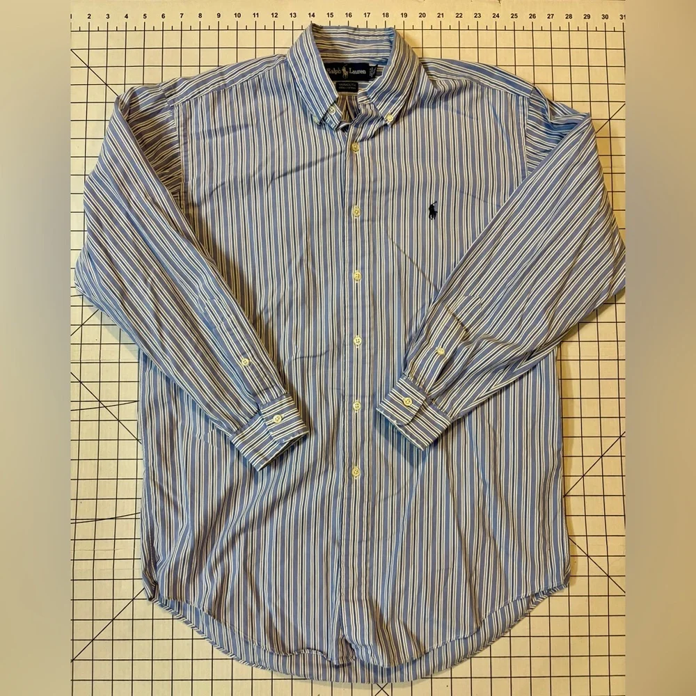 Polo Ralph Lauren Men’s Size 15.5-32/33‎ Navy-Light Blue Striped Yarmouth Shirt